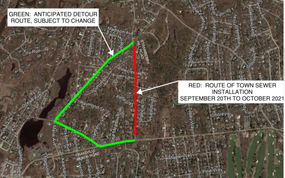 Satellite map of Strawberry Hill Sewer Project Road closure in Red and Detour in Green